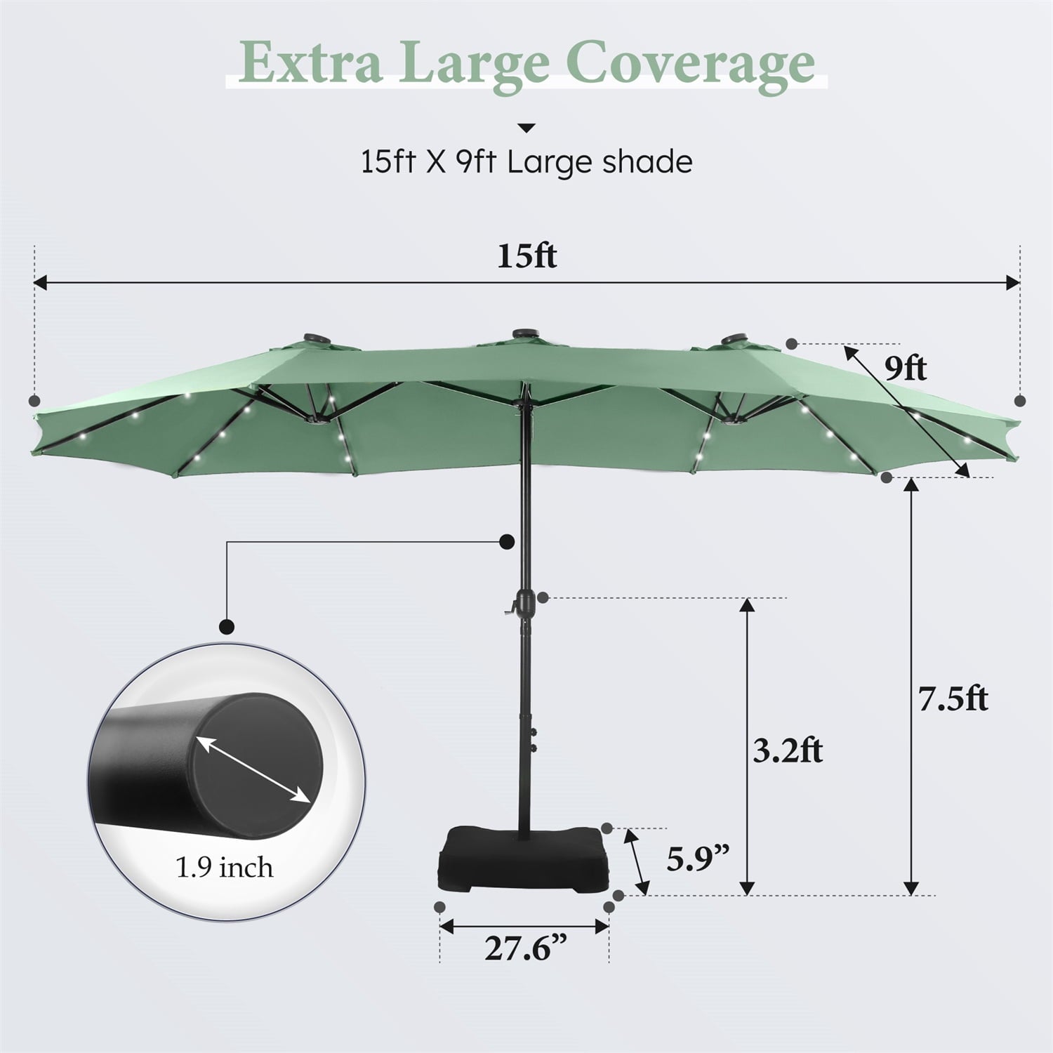 SUMMIT LIVING 15ft Double-Sided Solar Patio Umbrella with Base (Included) Large Outdoor Umbrella with Solar Lights - Beige
