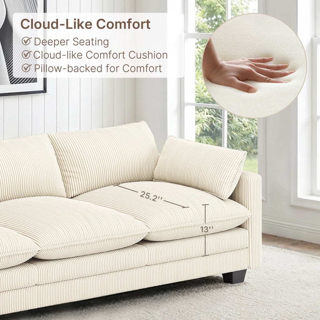 110 Cloud Couches for Living Room, Noelse 3 Seater Cloud Sofa with Double Layer Cushion and Deep Seat, Cream Couch with Washable Cover, Corduroy Fabric, Beige