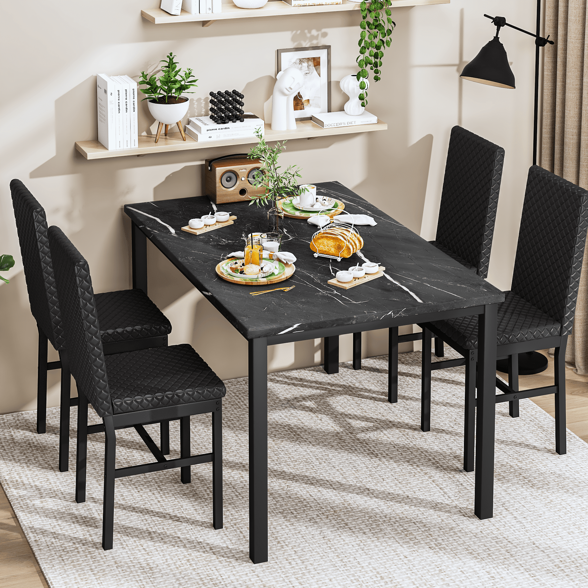 Baxluxe Dining Table Set for 4, Modern 5 Piece Dining Table Set, Faux Marble Kitchen Table and 4 Velvet Upholstered Chairs for Apartments, Dining Rooms, Small Spaces, Gray