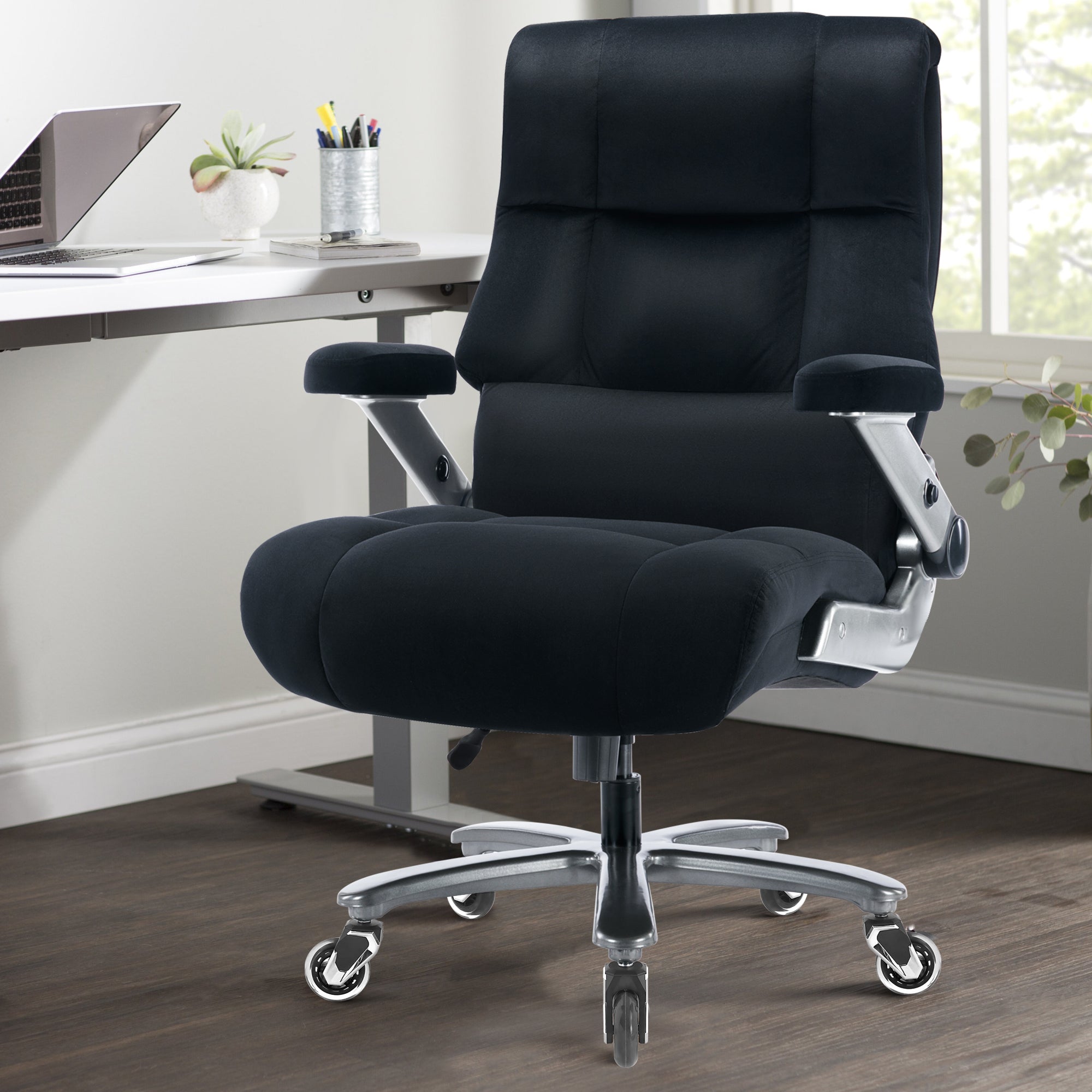 Big and Tall 700lbs Office Chair, Ultra-Soft Fabric Executive Desk Chair, Ergonomic Computer Chair with 3D Flip Up Arms, Adjustable Lumbar Support, Heavy Duty Metal Base and Quiet Rubber Wheel, Black