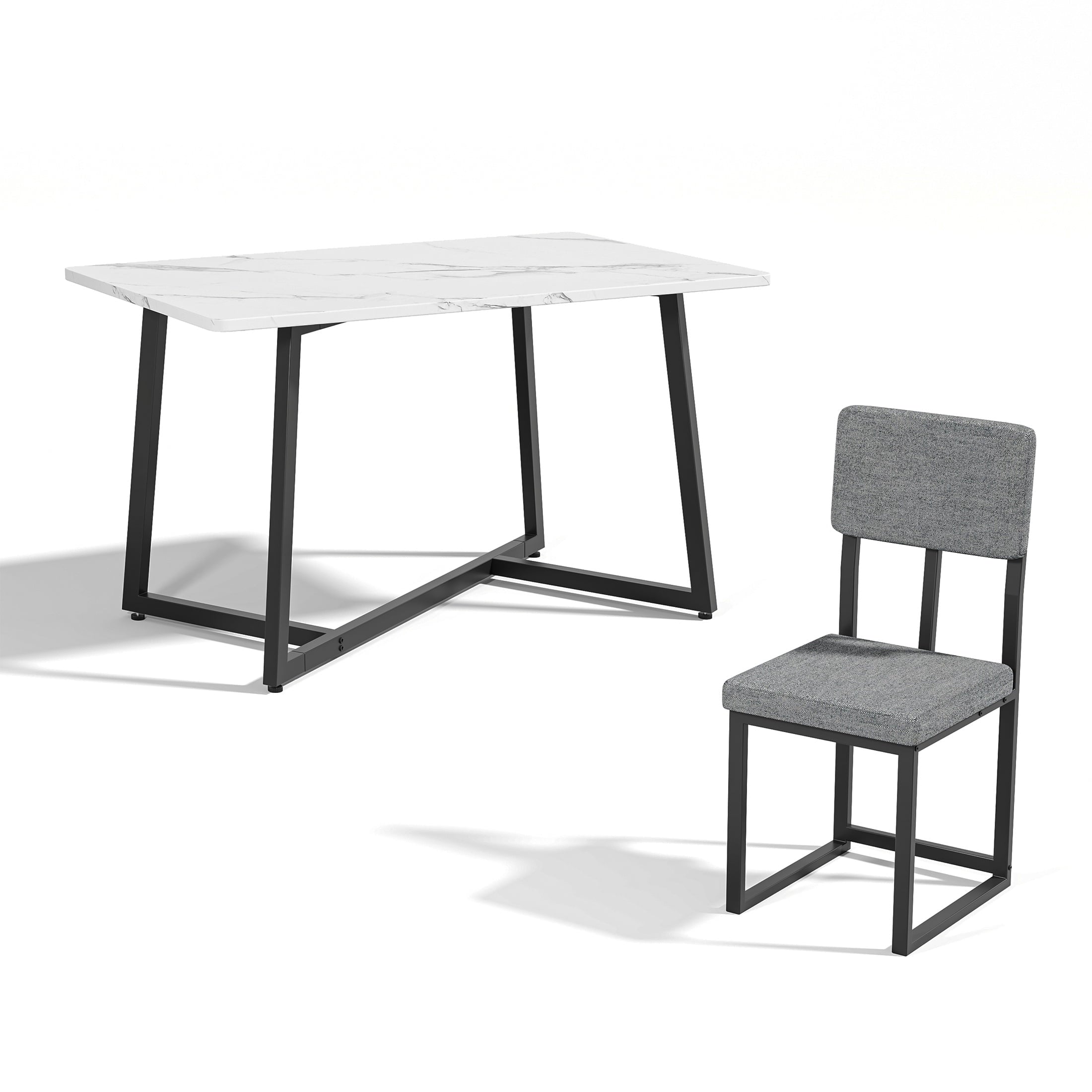 PORKISS 5 Piece Dining Table Set, Modern Faux Marble Tabletop and 4 Linen Upholstered Chairs, Rectangle Kitchen Table and Chairs for 4, White + Gray(Linen)