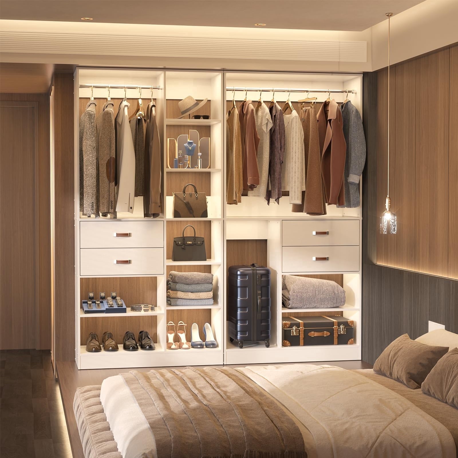 Homieasy Freestanding Closet System with Suitcase Storage, 40'' Closet Organizer System with 2 Wood Drawers and Hanging Rod, White