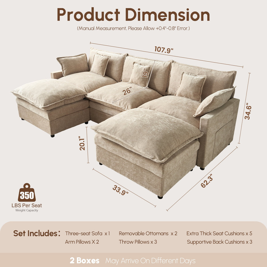 Ovios 108 Modular Sectional Sofa U-Shaped Cloud Couch with 2 Ottomans, Comfy Living Room Furniture, Chenille, Gray