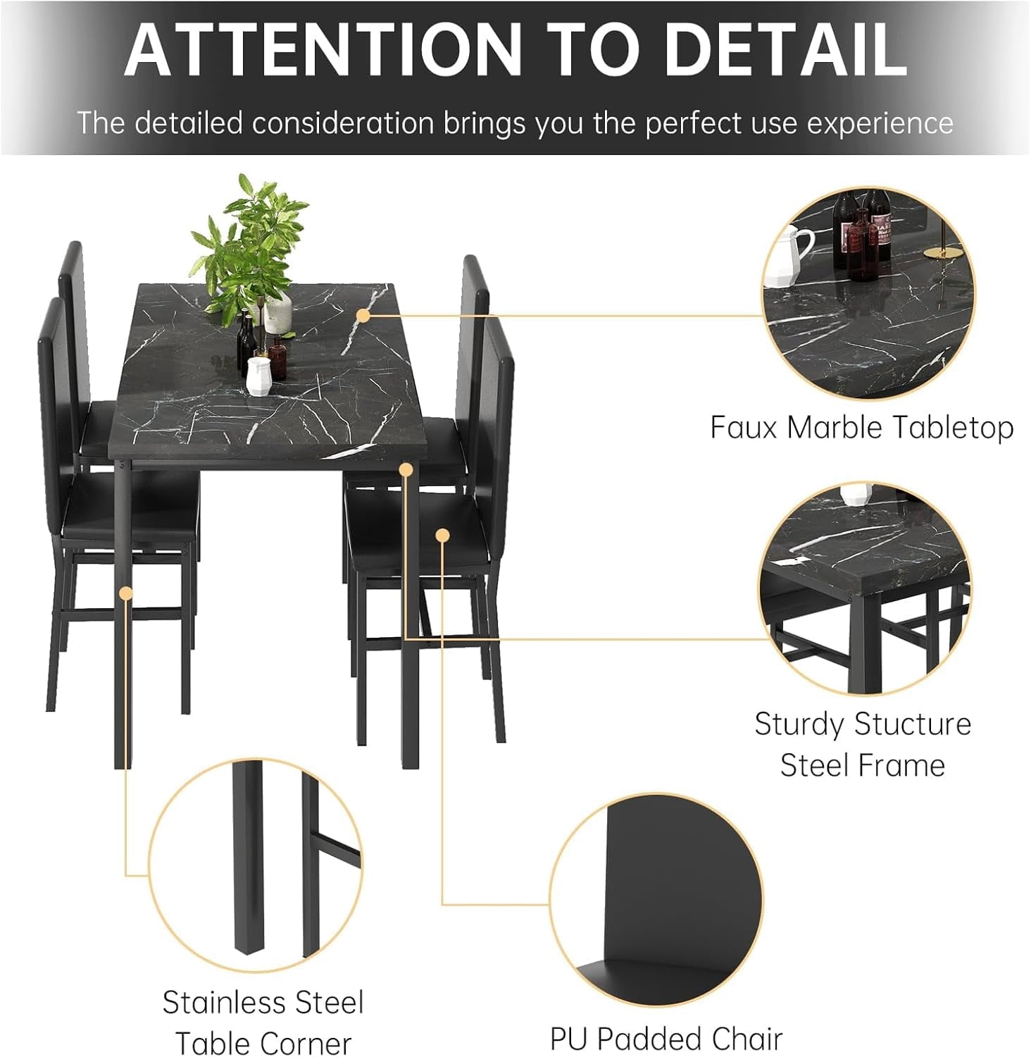MIERES 5-Piece Dining Table Set for 4, Faux Marble Kitchen Table and 4 Chairs, Modern Dining Room Table with 4 Chairs, Dinner Table Set for Small Spaces, Brown