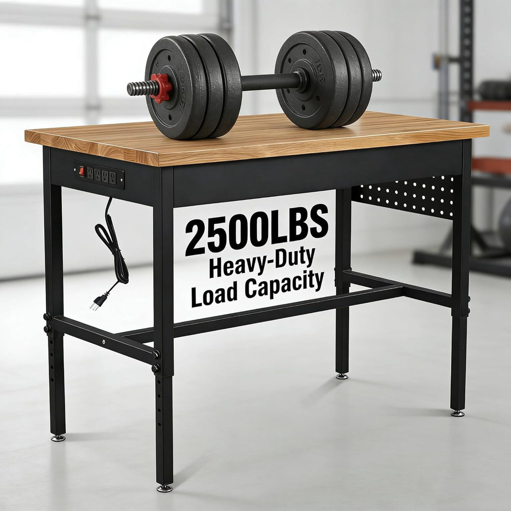 60 Inch Adjustable Workbench with Power Outlet, 2500 LBS Heavy Duty Double-Layer Workbench with Hardwood Top, 6-Level Height Adjustable Garage Work Table with Wheels, Rolling Workstation for Workshop