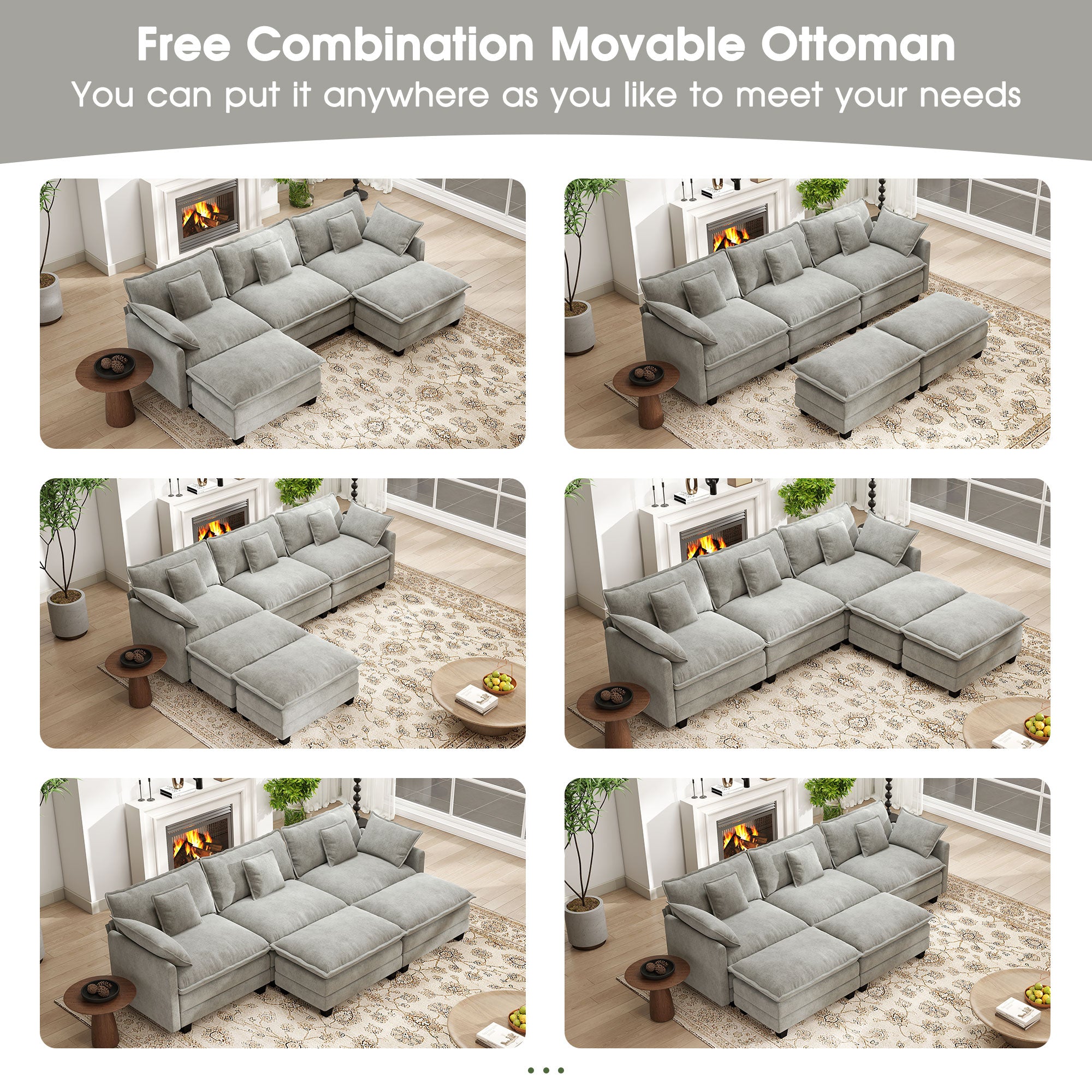 BedLuxury 111.5'' Modular Sectional Sofa with Movable Ottomans, U Shaped Cloud Couch for Living Room, 3-Seat, Grey