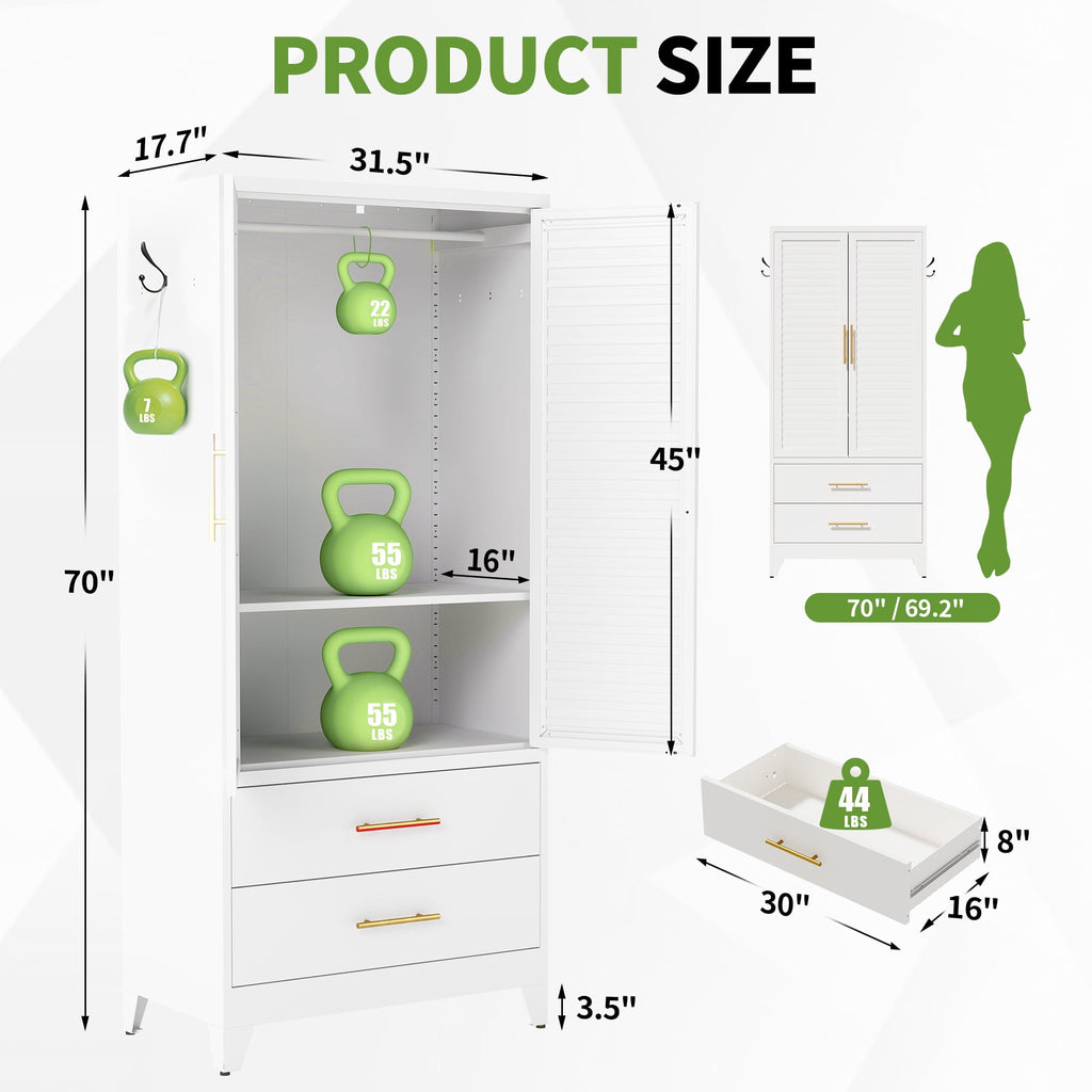 AISWORD 60 Tall Metal Wardrobe Cabinet with 1 Drawer and Hanging Rod, 2 Doors Closet with Adjustable Shelf, White