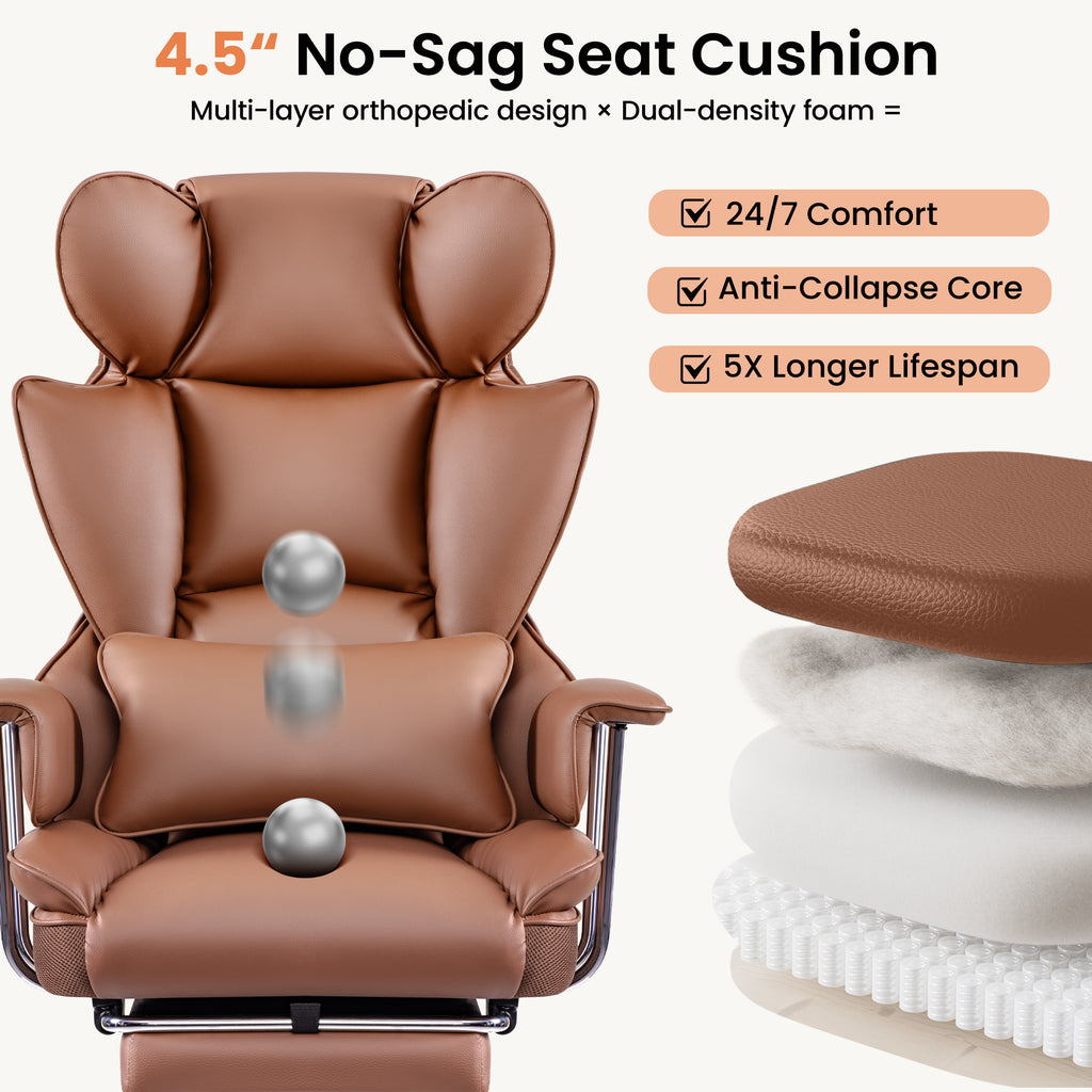 Primy High Back Office Chair, Big and Tall PU Leather Executive Chair with Footrest – Ergonomic Reclining Computer Desk Chair, High-Density Foam, Heavy Duty Swivel Rolling Chair, Black