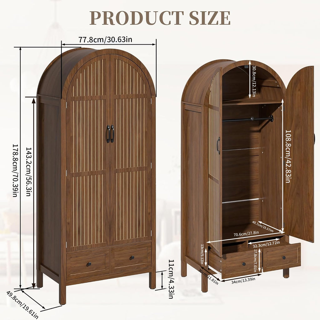 Armoire Wardrobe Closet, Wardrobe Cabinet with Drawers and Hanging Rod, Wooden Armoire Closet for Bedroom, Walnut