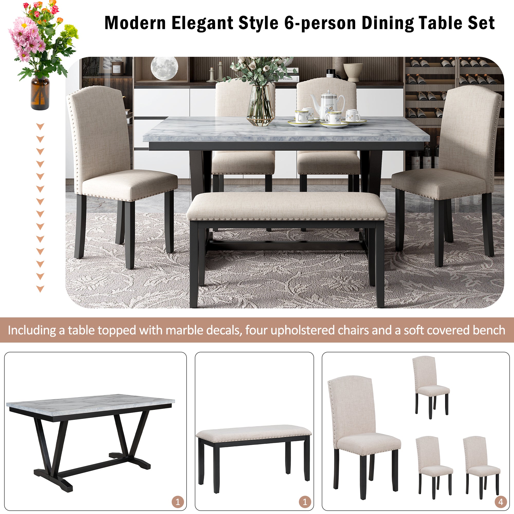 Harper & Bright Designs Dining Table Set for 6 with Bench Rectangular Table and 4 Upholstered Chairs for Kitchen, Gary