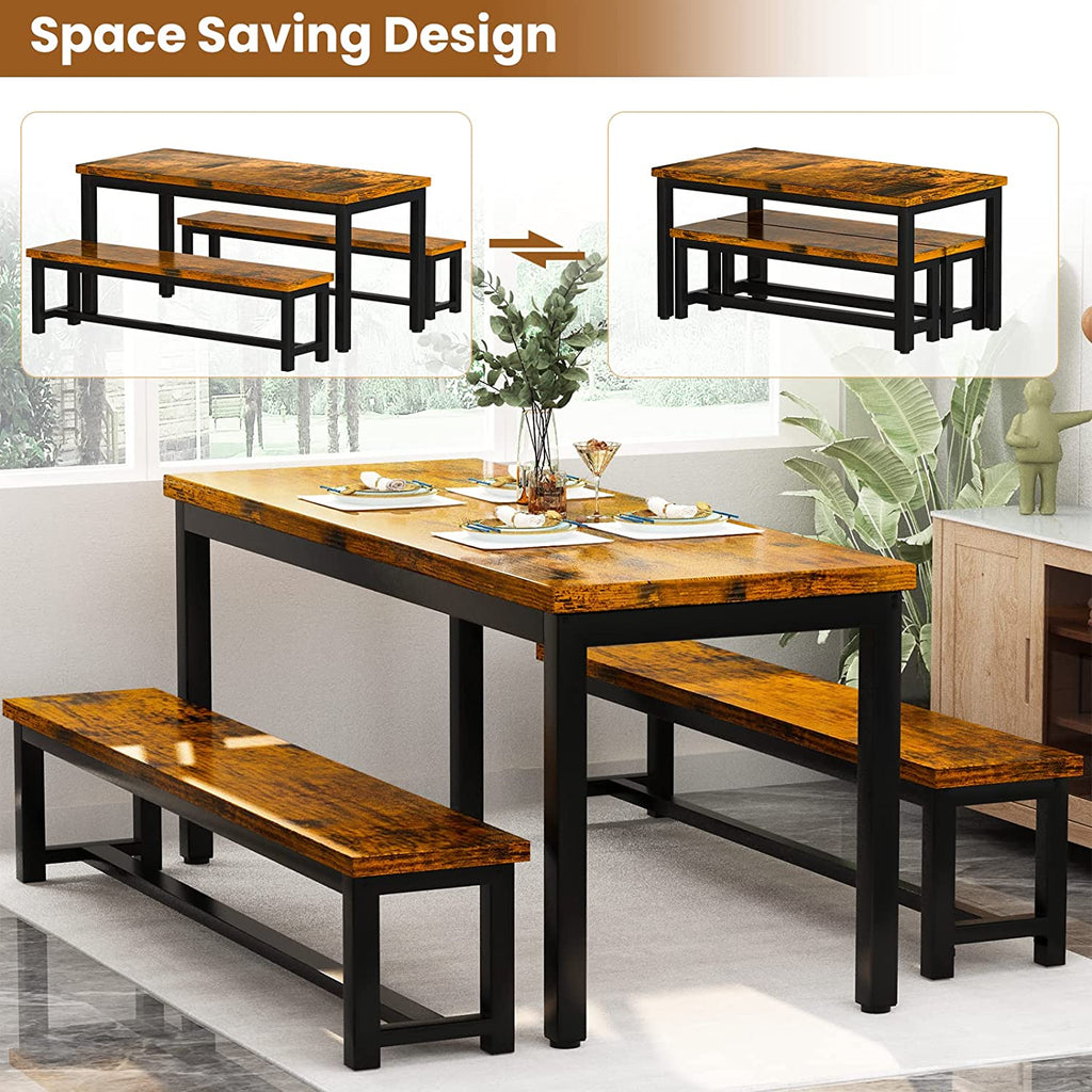 MIERES Kitchen Dining Set: Rectangular solid wood dining table with two benches, suitable for 2 to 4 people, small dining set, black