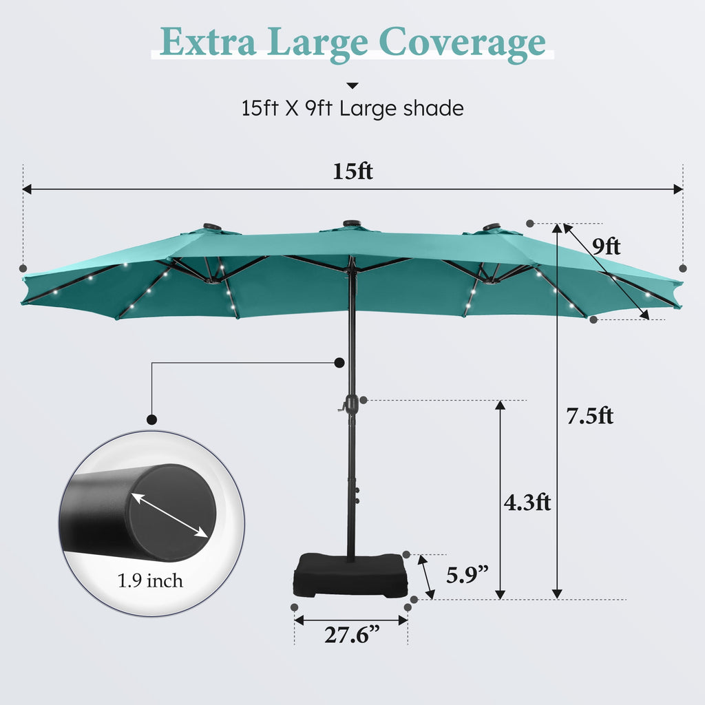 SUMMIT LIVING 15ft Double-Sided Solar Patio Umbrella with Base (Included) Large Outdoor Umbrella with Solar Lights - Beige