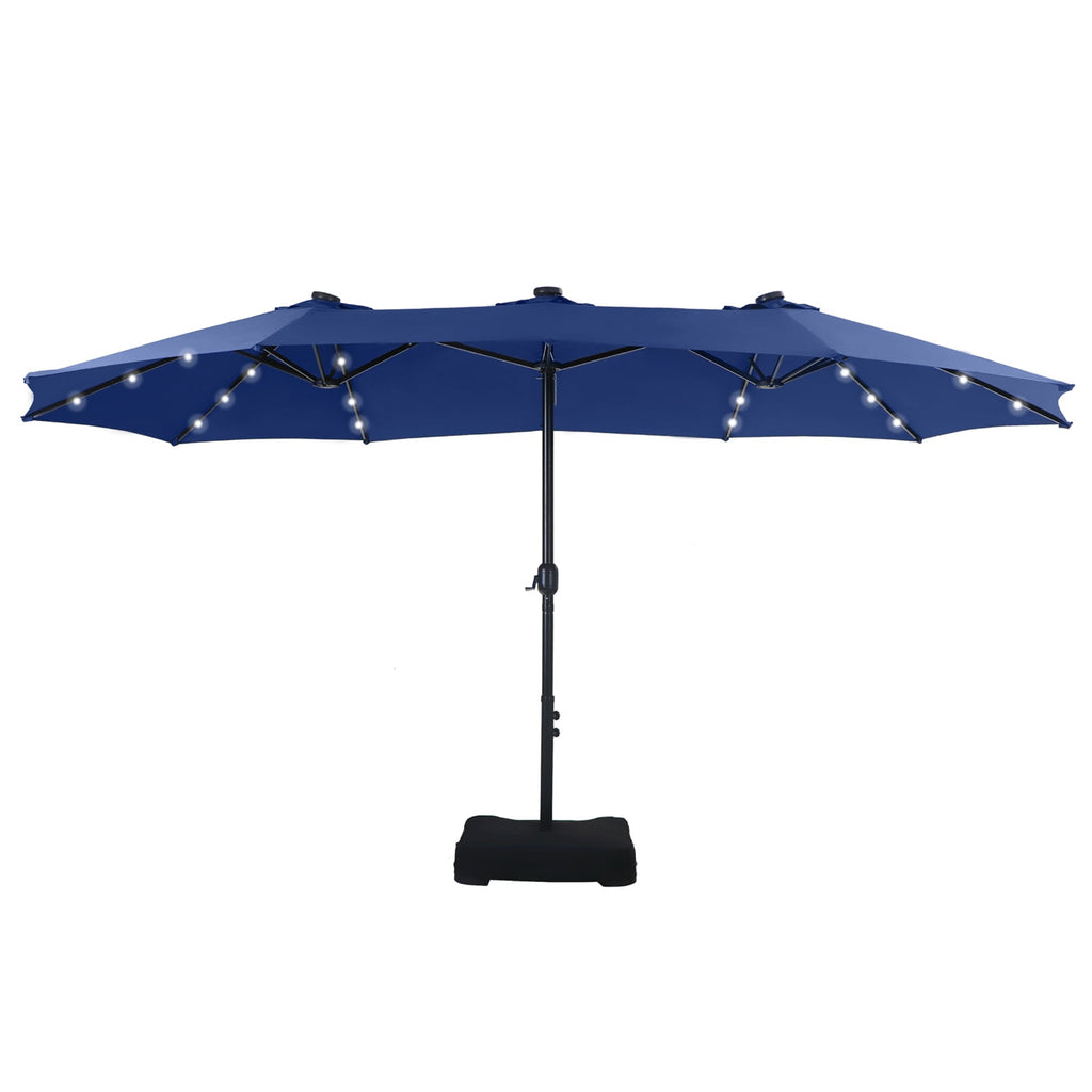 SUMMIT LIVING 15 FT Double-Sided Solar Patio Umbrella with Base Large Outdoor Umbrella with LED Solar Lights - Haze Blue