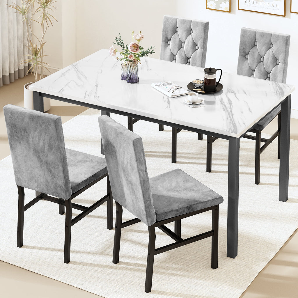 AWQM 5 Piece Dining Table Set, Faux Marble Kitchen Table and Chairs for 4, Dining Room Table Set with 4 PU Leather Chairs, White