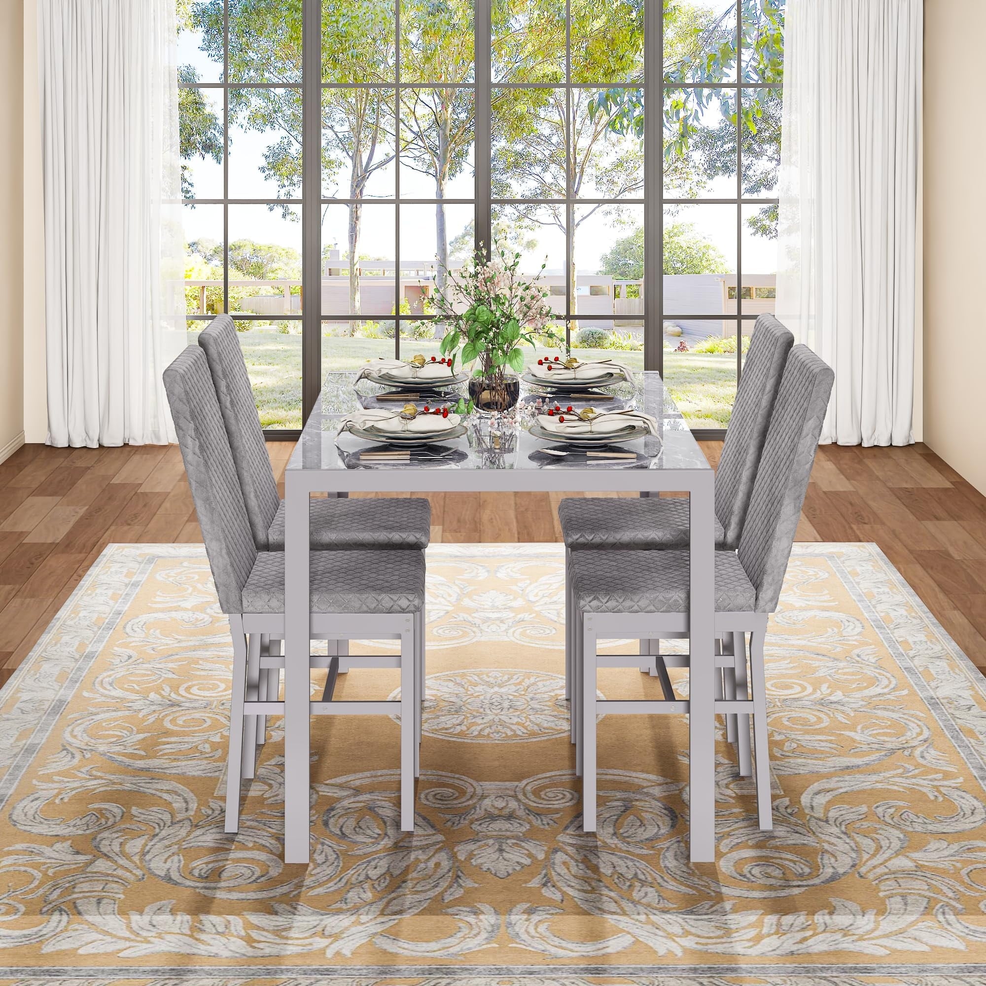 Baxluxe Dining Table Set for 4, Modern 5 Piece Dining Table Set, Faux Marble Kitchen Table and 4 Velvet Upholstered Chairs for Apartments, Dining Rooms, Small Spaces, Gray