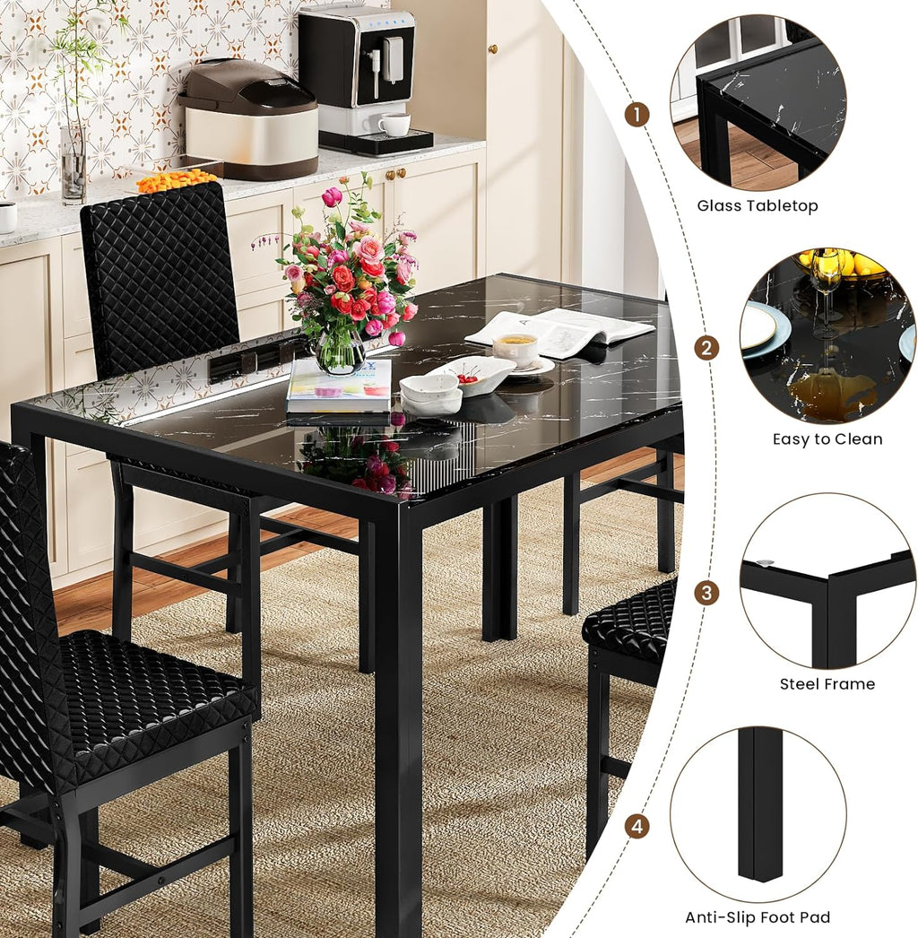 Baxluxe Dining Table Set for 4, Modern 5 Piece Dining Table Set, Faux Marble Kitchen Table and 4 Velvet Upholstered Chairs for Apartments, Dining Rooms, Small Spaces, Gray