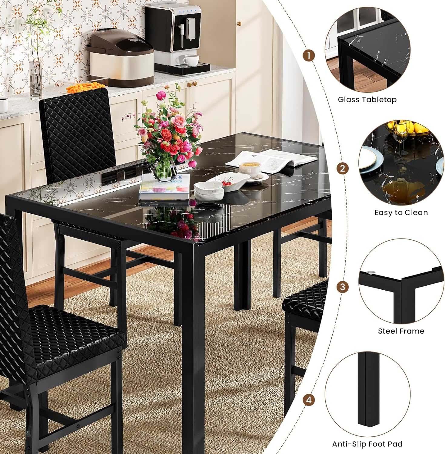 Baxluxe Dining Table Set for 4, Modern 5 Piece Dining Table Set, Faux Marble Kitchen Table and 4 Velvet Upholstered Chairs for Apartments, Dining Rooms, Small Spaces, Gray
