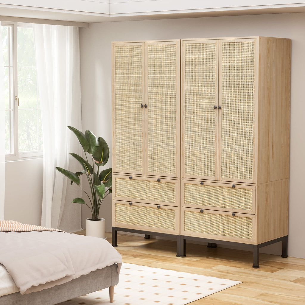 Brafabhome 67H Fluted Armoire Wardrobe Closet with Drawer, Wooden 2 Doors Wardrobe Cabinet with Hanging Rod & Adjustable Shelf for Bedroom | Nature